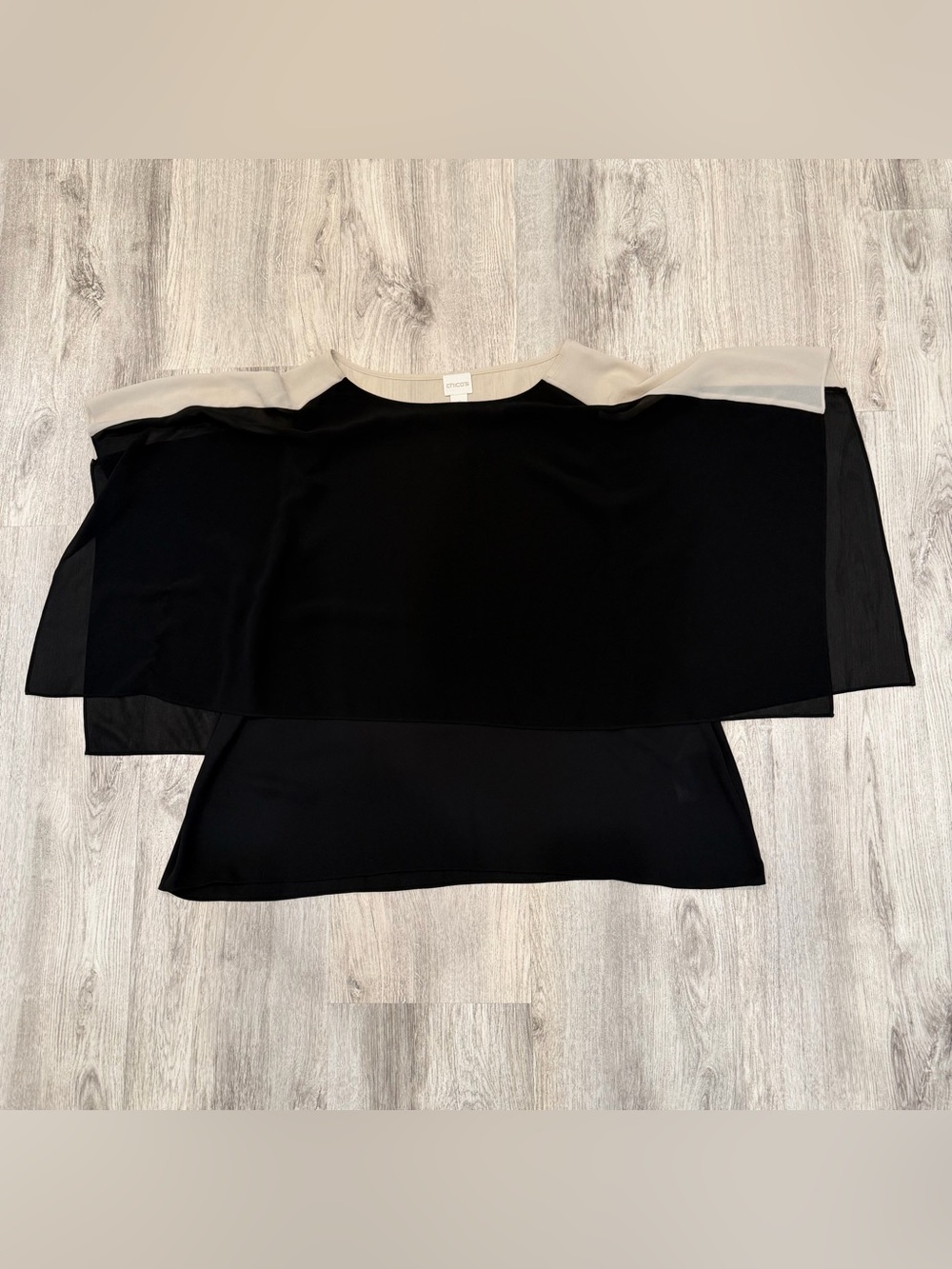 NWT Chico’s Black Sheer Overlay Blouse Size‎ 3 Elegant Layered Top
